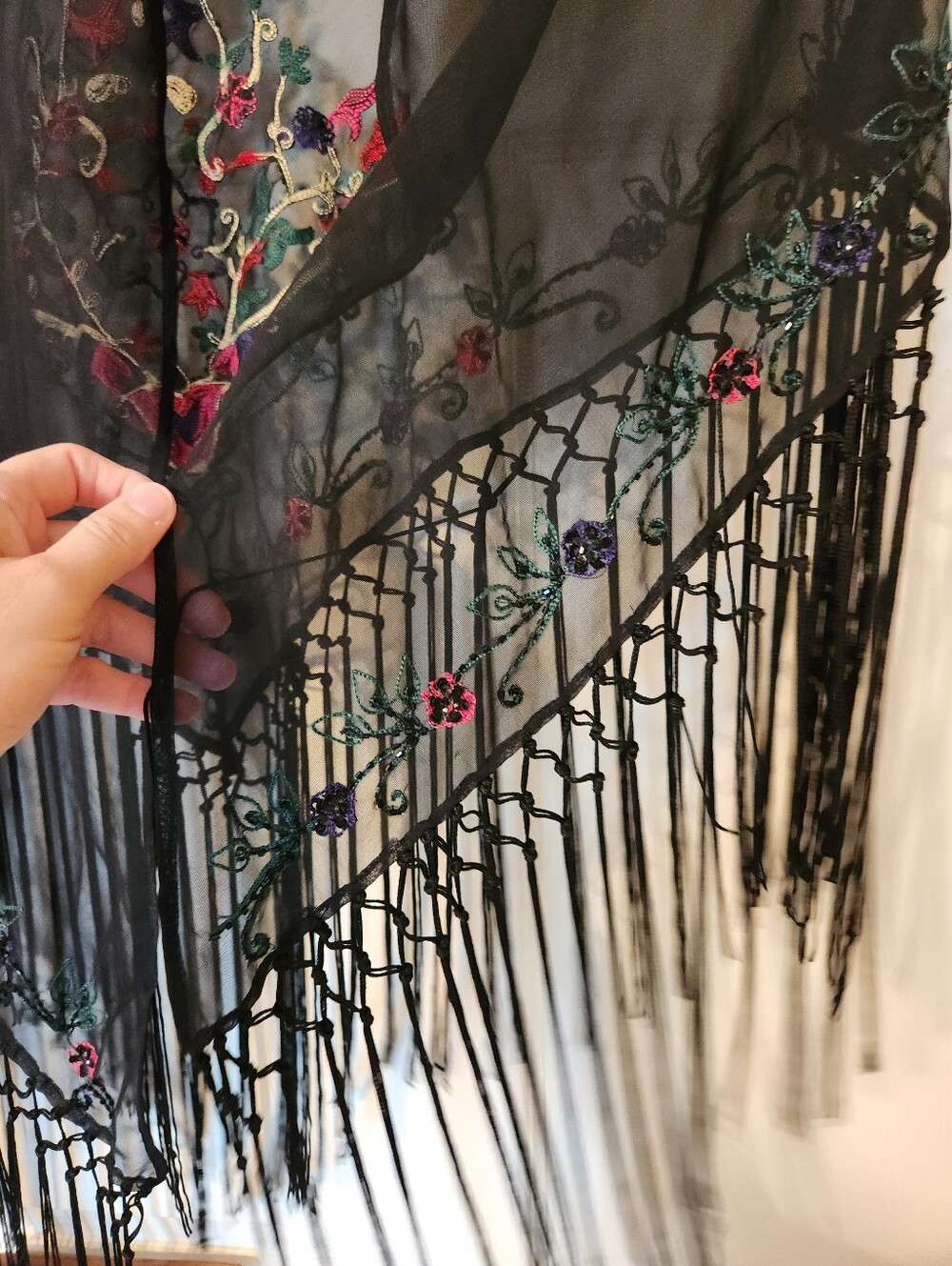 Reaction by Kenneth Cole, Black Floral Embroidered Fringe Shawl - Picture 4 of 6